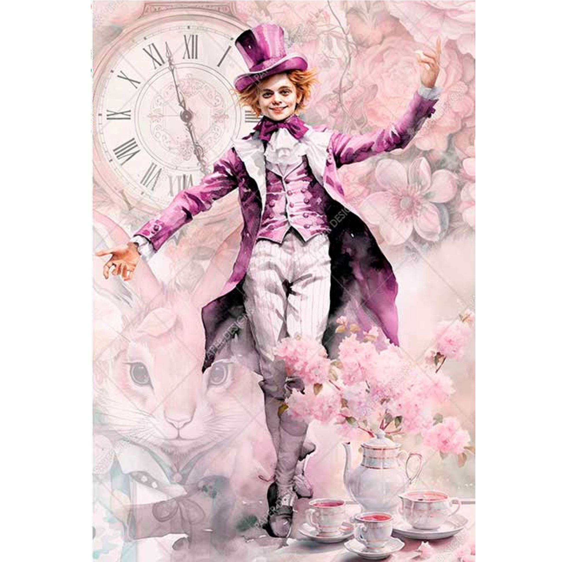"Purple Mad Hatter" decoupage rice paper by Paper Designs. Available at Milton's Daughter.