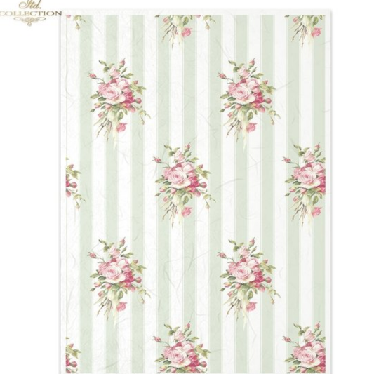 Floral pattern with pink flowers on a green-striped background.