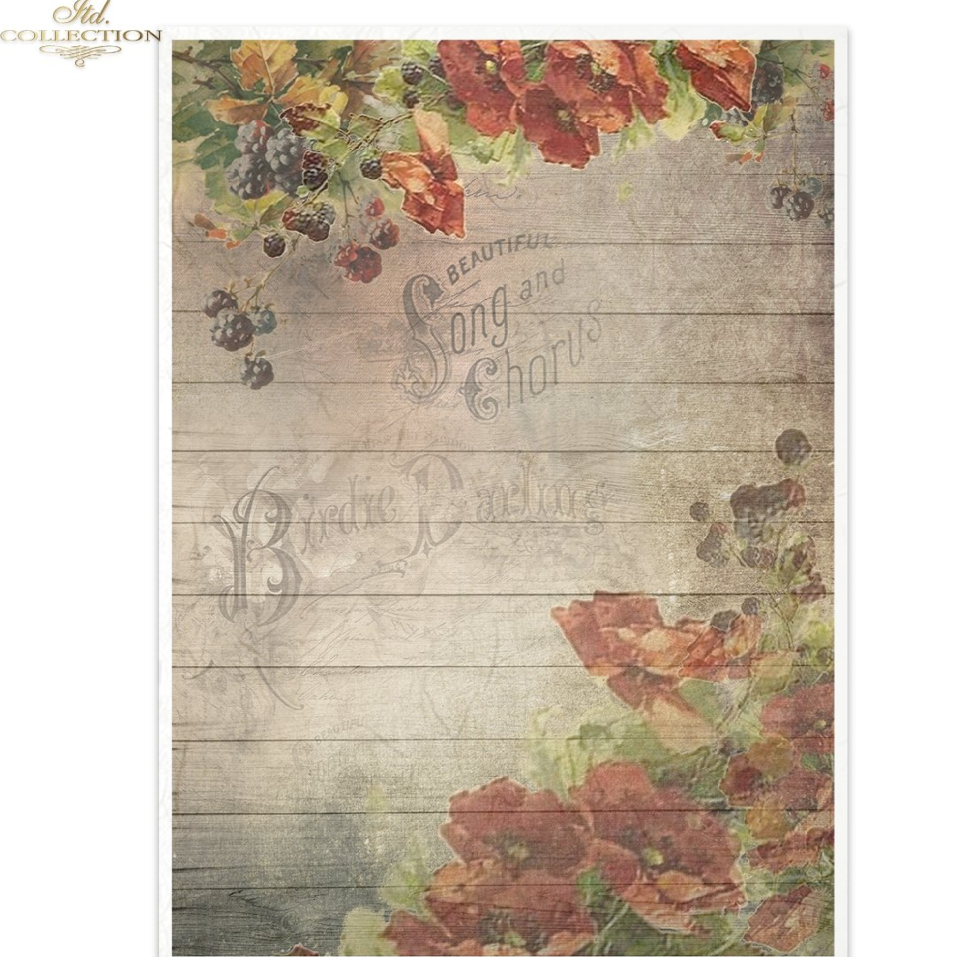 Decorative background frame with floral designs and text on a wood plank background.