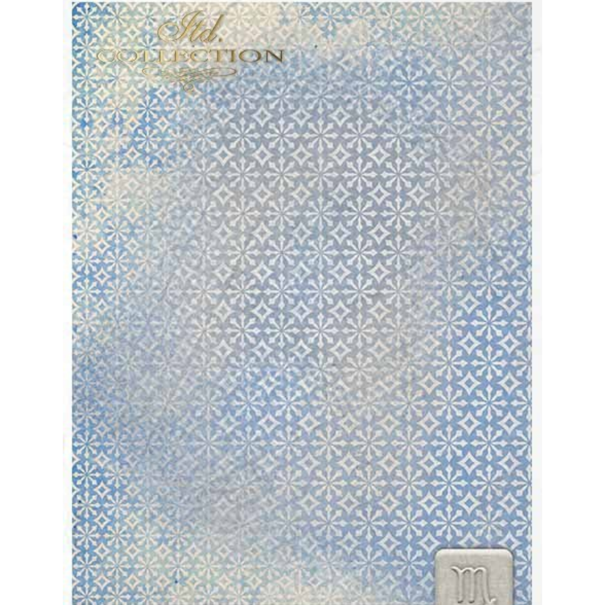 Textured paper with snowflake pattern on disressed blue background.