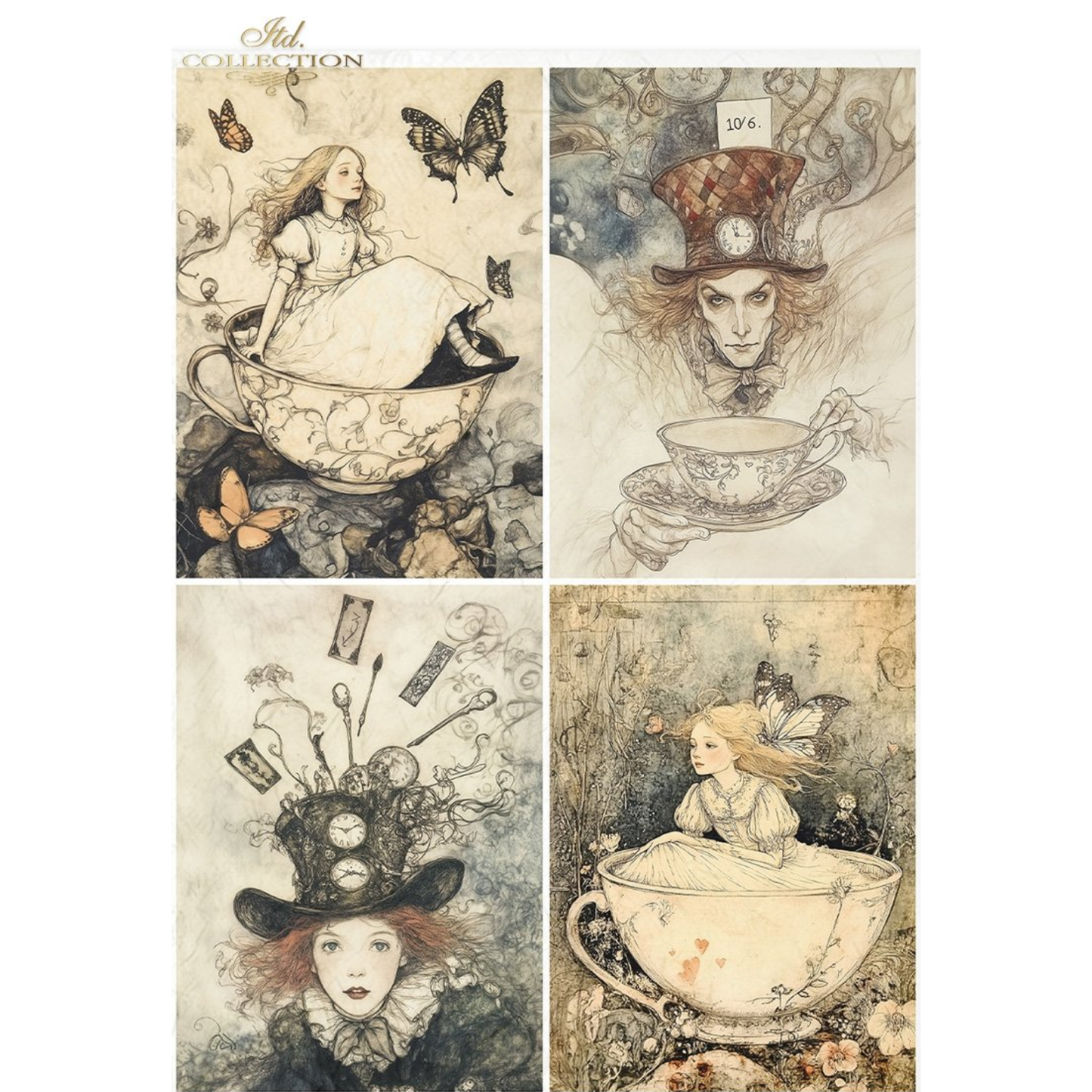 Set of four illustrated images featuring characters from Alice in Wonderland, with Alice, The Mad Hatter, teacups and butterflies.
