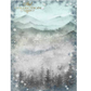 Winter landscape with mountains, snowflakes and trees.