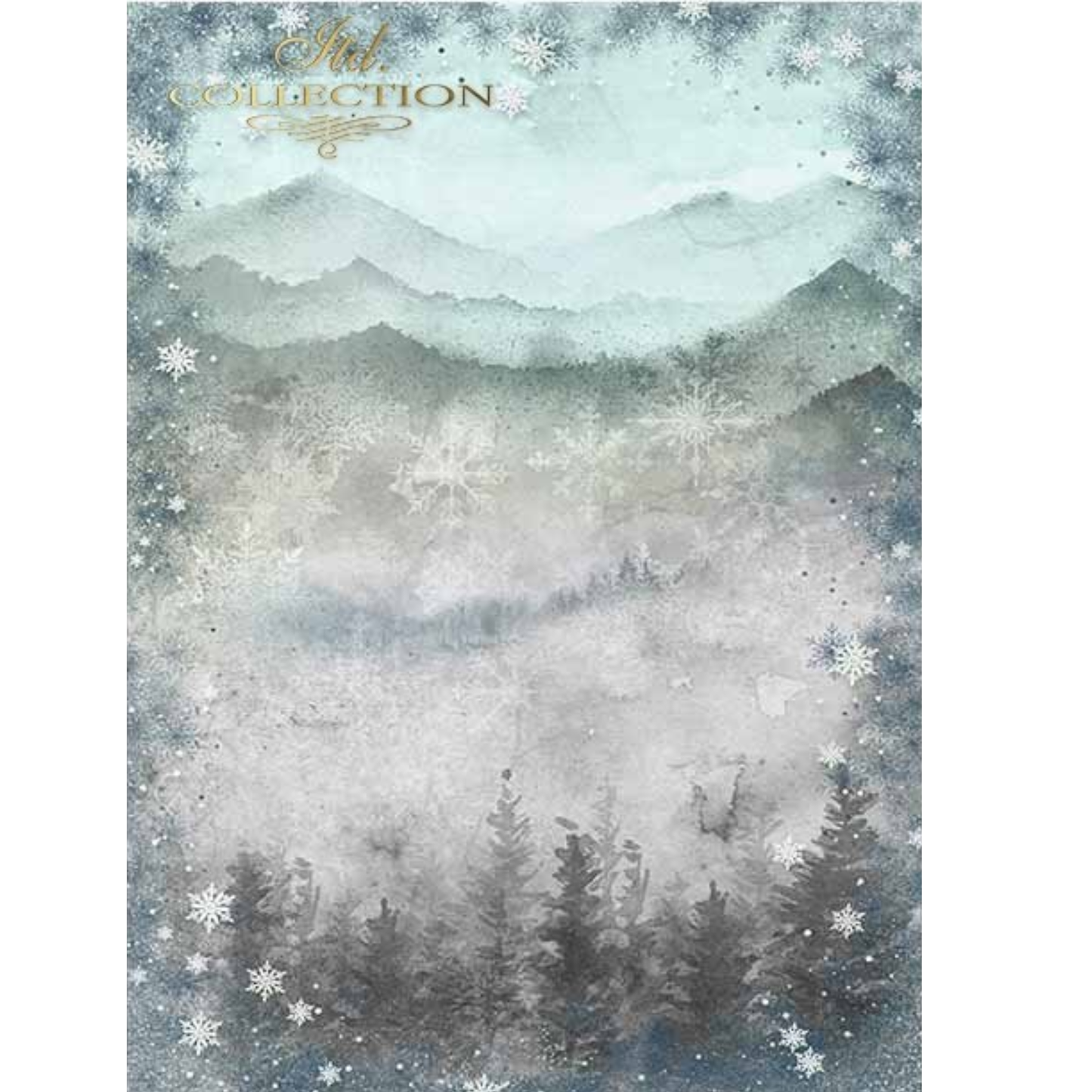 Winter landscape with mountains, snowflakes and trees.