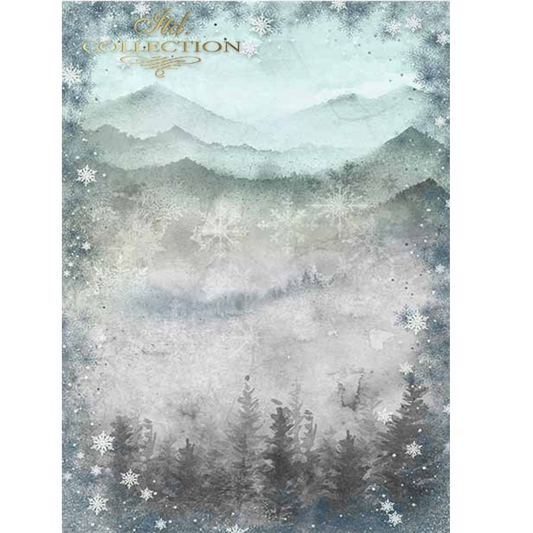 Winter landscape with mountains, snowflakes and trees.
