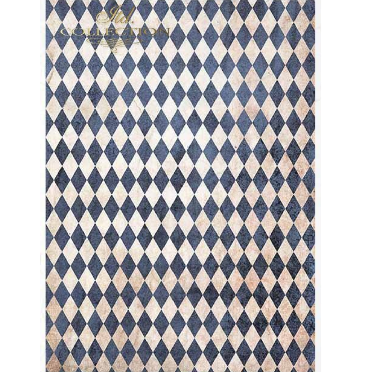Harlequin patterned paper with blue and beige diamonds on a white background.