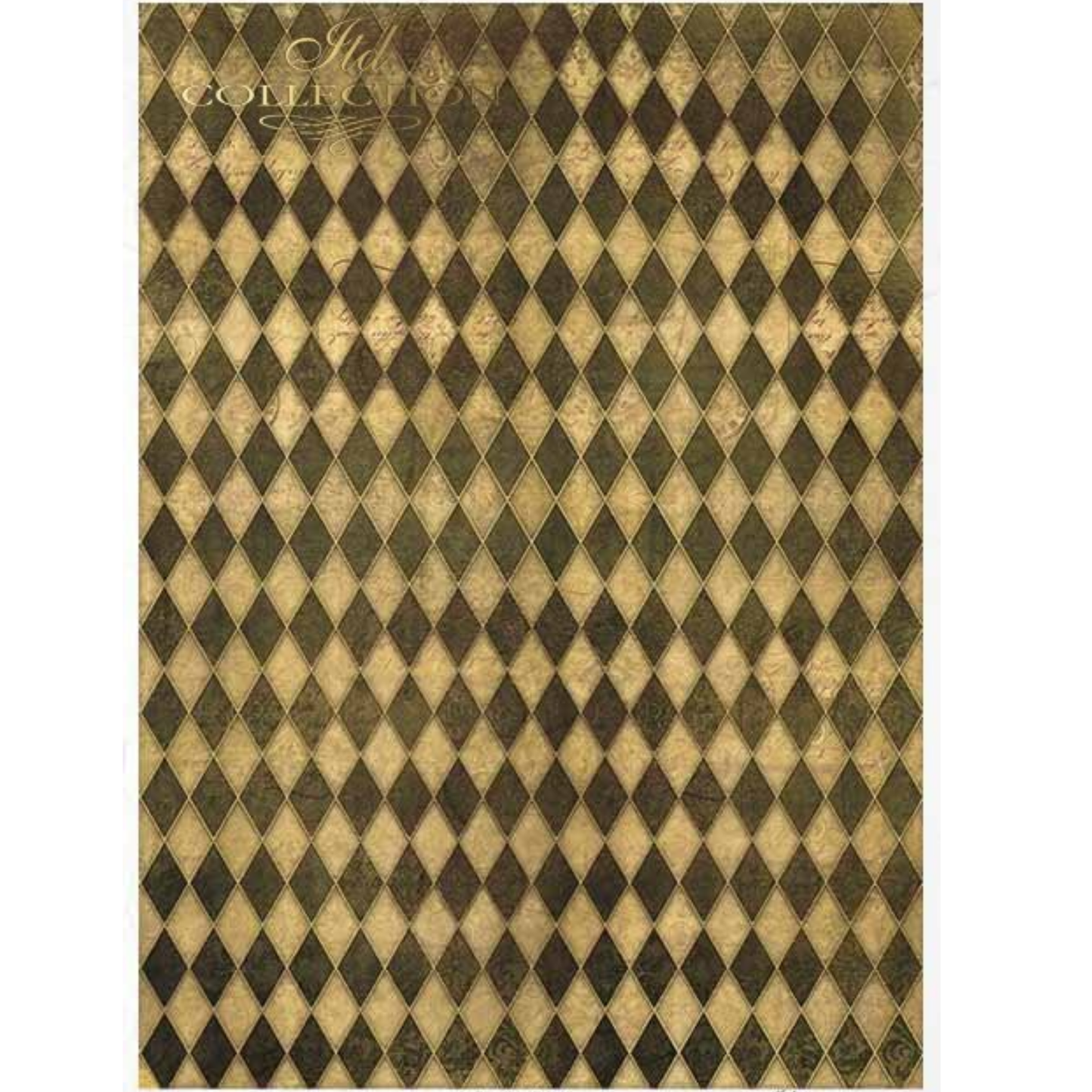 Harlequin patterned paper with gold and brown diamonds.