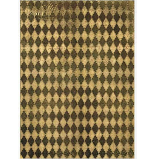 Harlequin patterned paper with gold and brown diamonds.