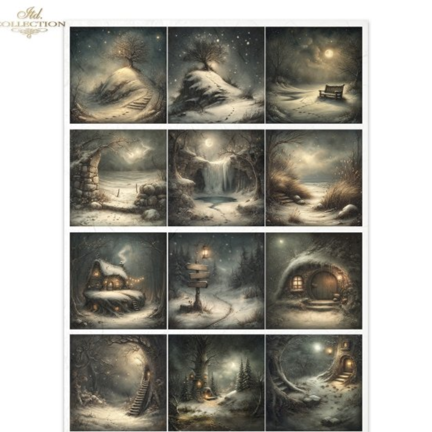 Collection of snowy landscape illustrations with various elements like a bench, waterfall, and small houses.