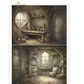 Two illustrations of cozy, rustic rooms with furniture and decor.