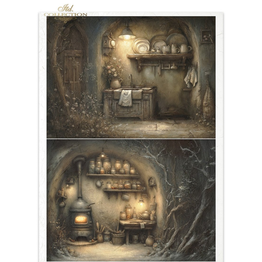 Two illustrations of cozy, rustic kitchen interiors with warm lighting and detailed decor.