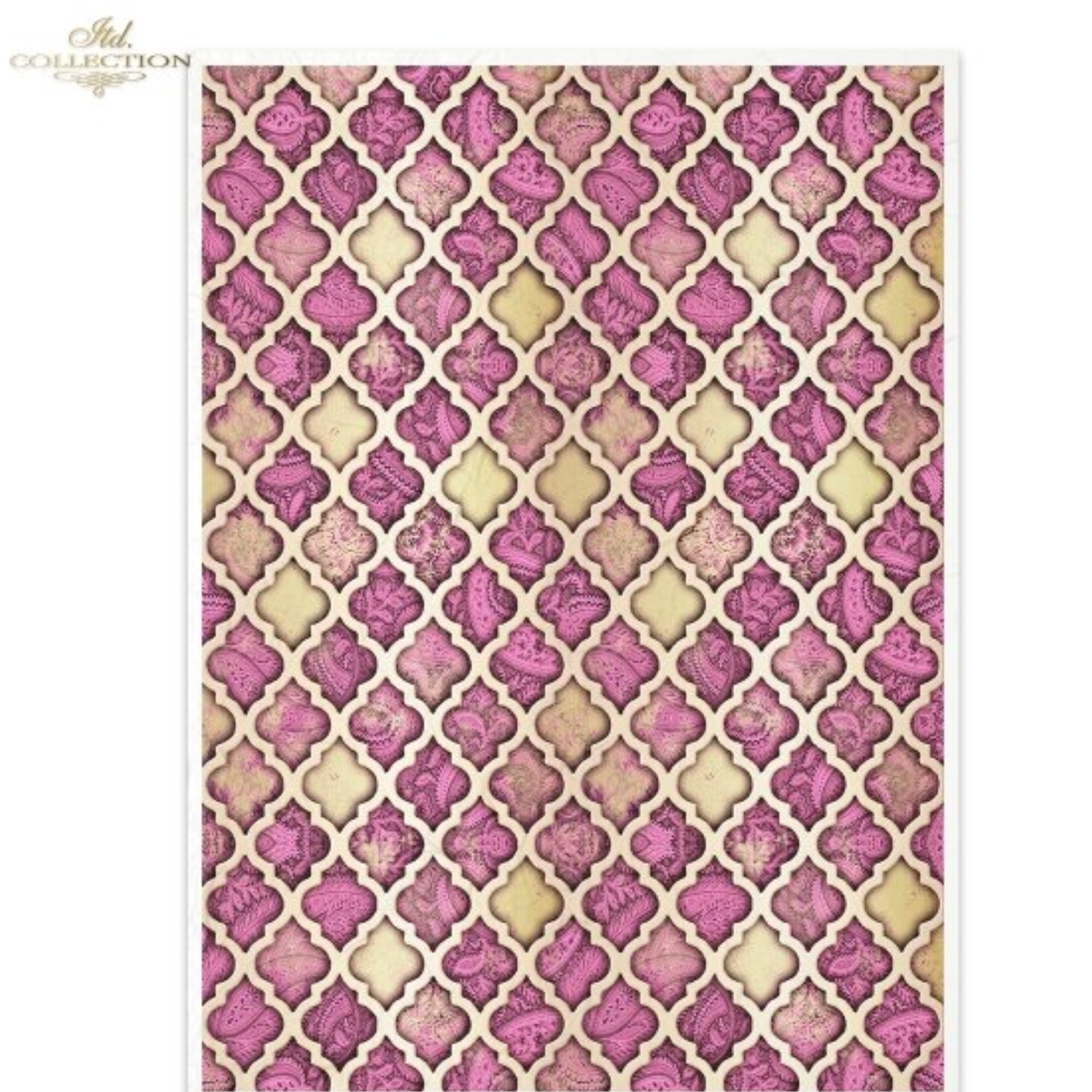 Moroccan tile patterned paper with varied shades of pink and gold.