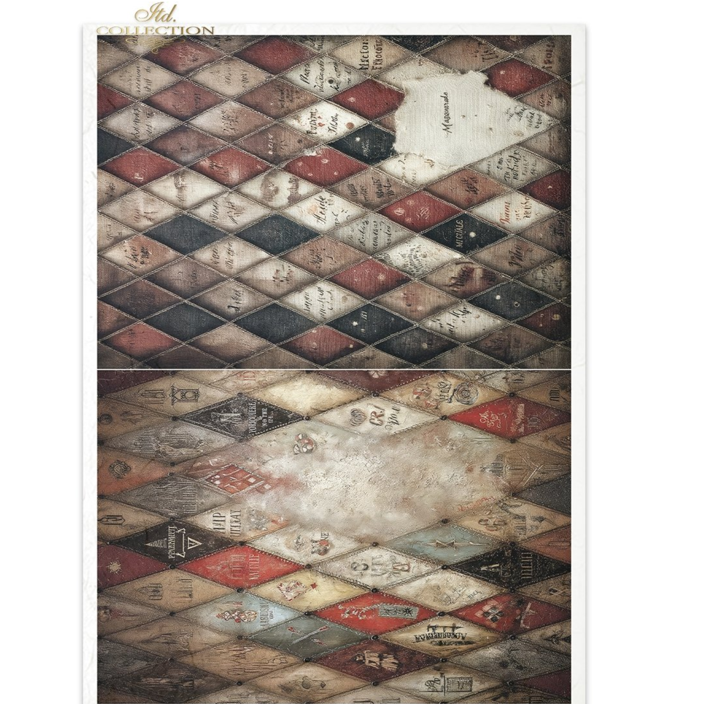 Harlequin patterned paper with two images of diamond patterns in deep tones.