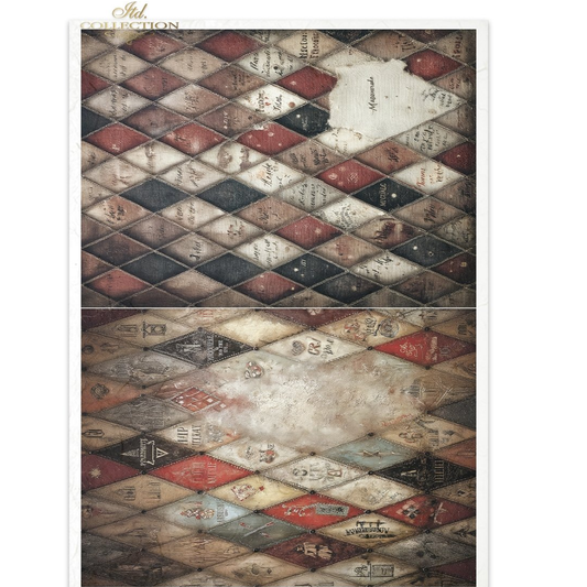 Harlequin patterned paper with two images of diamond patterns in deep tones.