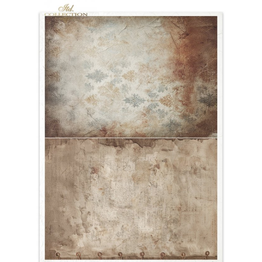 Two textured paper sheets with a damask and distressed design.