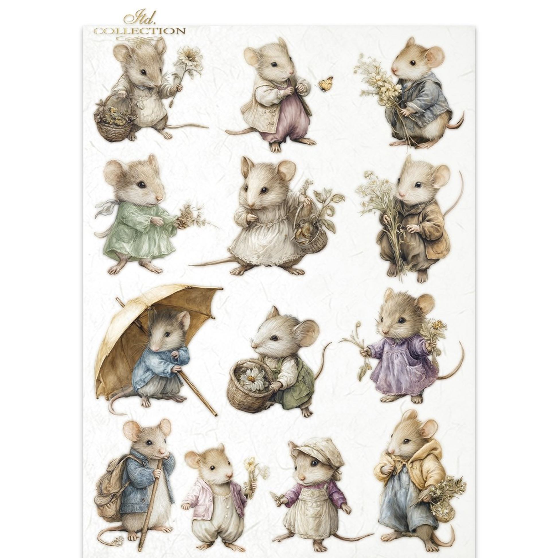 Illustrations of small mice in various poses and seasonal spring outfits on a white background.