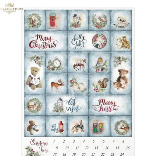 Christmas-themed rice paper with various animals, stuffed bears and garlands on a frosty blue background.