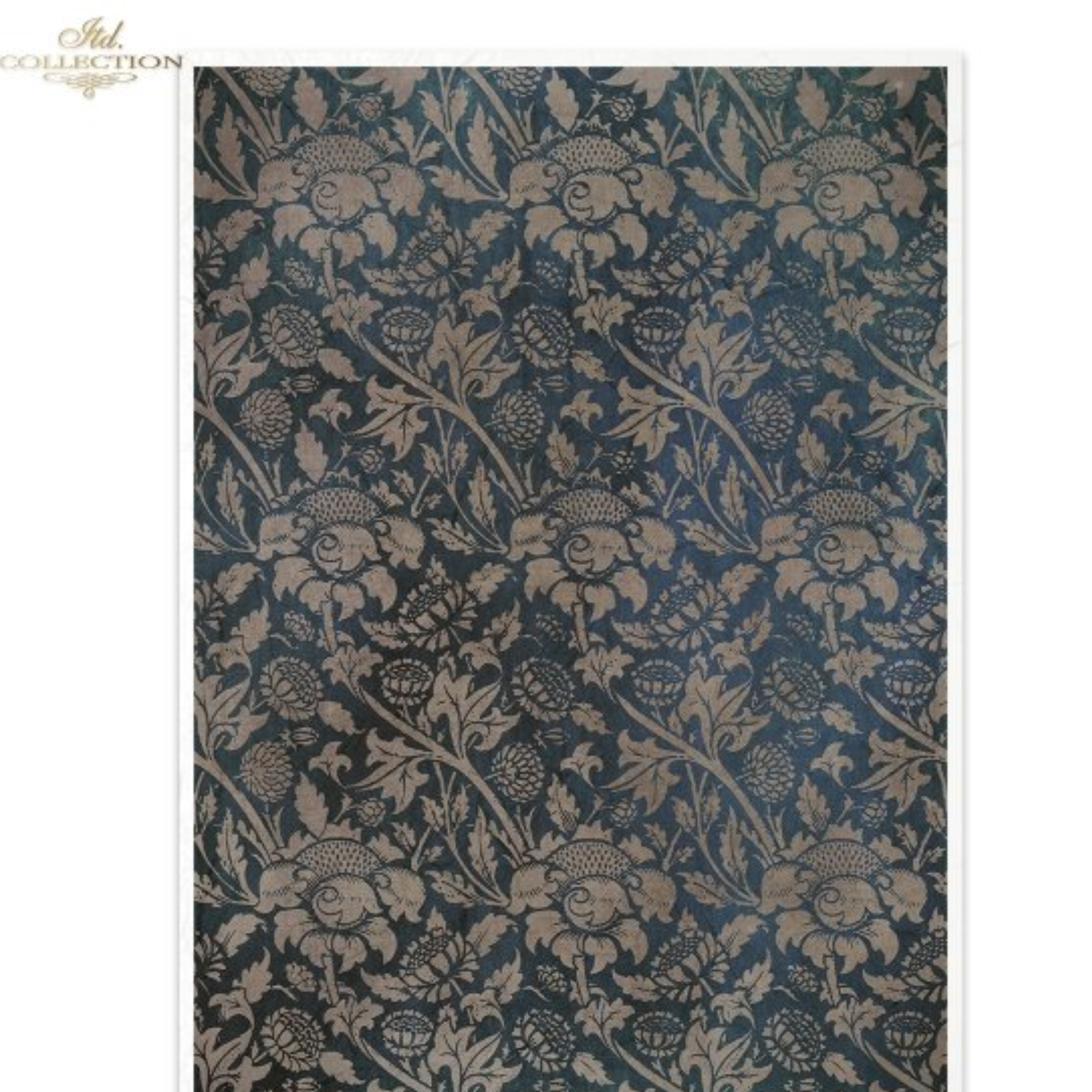 Floral patterned image in gray on  blue/black background.