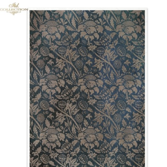 Floral patterned image in gray on  blue/black background.