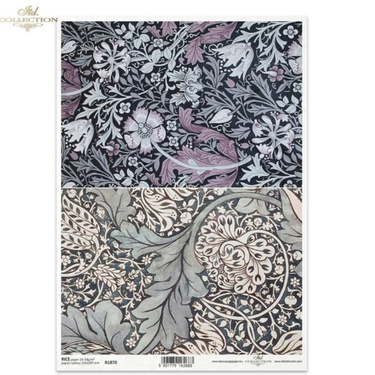 Decorative paper featuring William Morris-style floral and leaf patterns stacked vertically. The top pattern is in muted gray, white, blue and dusty mauve tones, while the bottom pattern is in muted blue, beige, and gray tones.