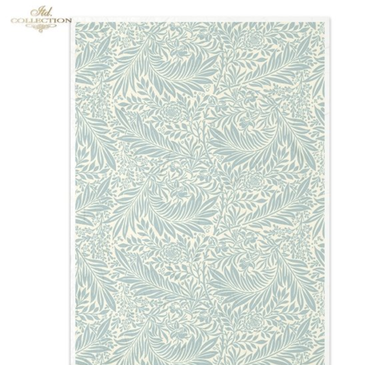 Repeating botanical pattern in pale blue and off-white, shown against a white background. 