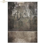 Gothic-style cemetery with tombstones and crosses on a foggy night with a separate image of scripted text on coordinating background.