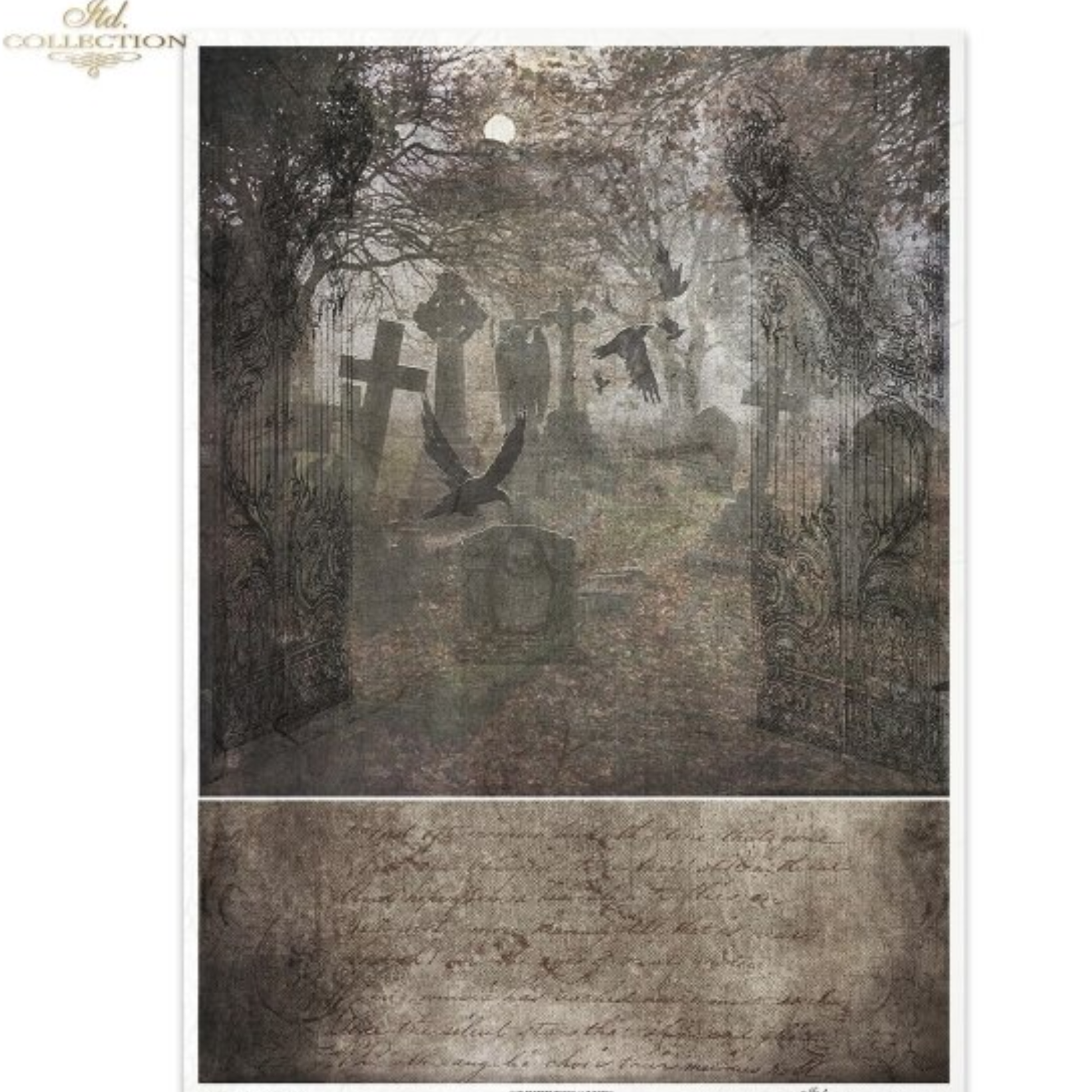 Gothic-style cemetery with tombstones and crosses on a foggy night with a separate image of scripted text on coordinating background.