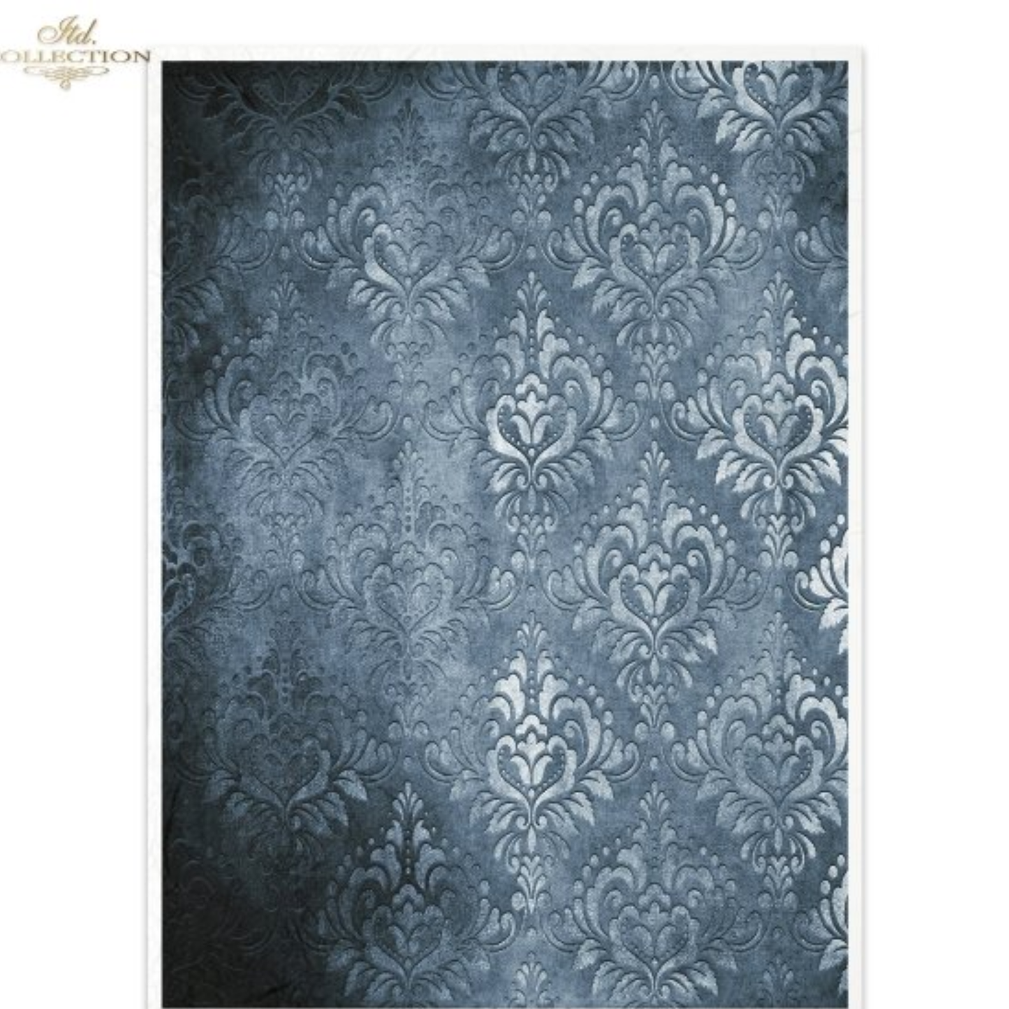 Textured blue patterened paper with ornate damask pattern.