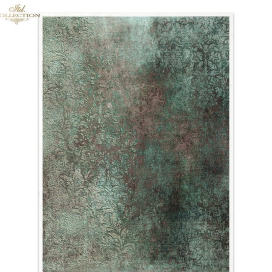 Textured and distressed green, blue and brown patterned paper over damask pattern.