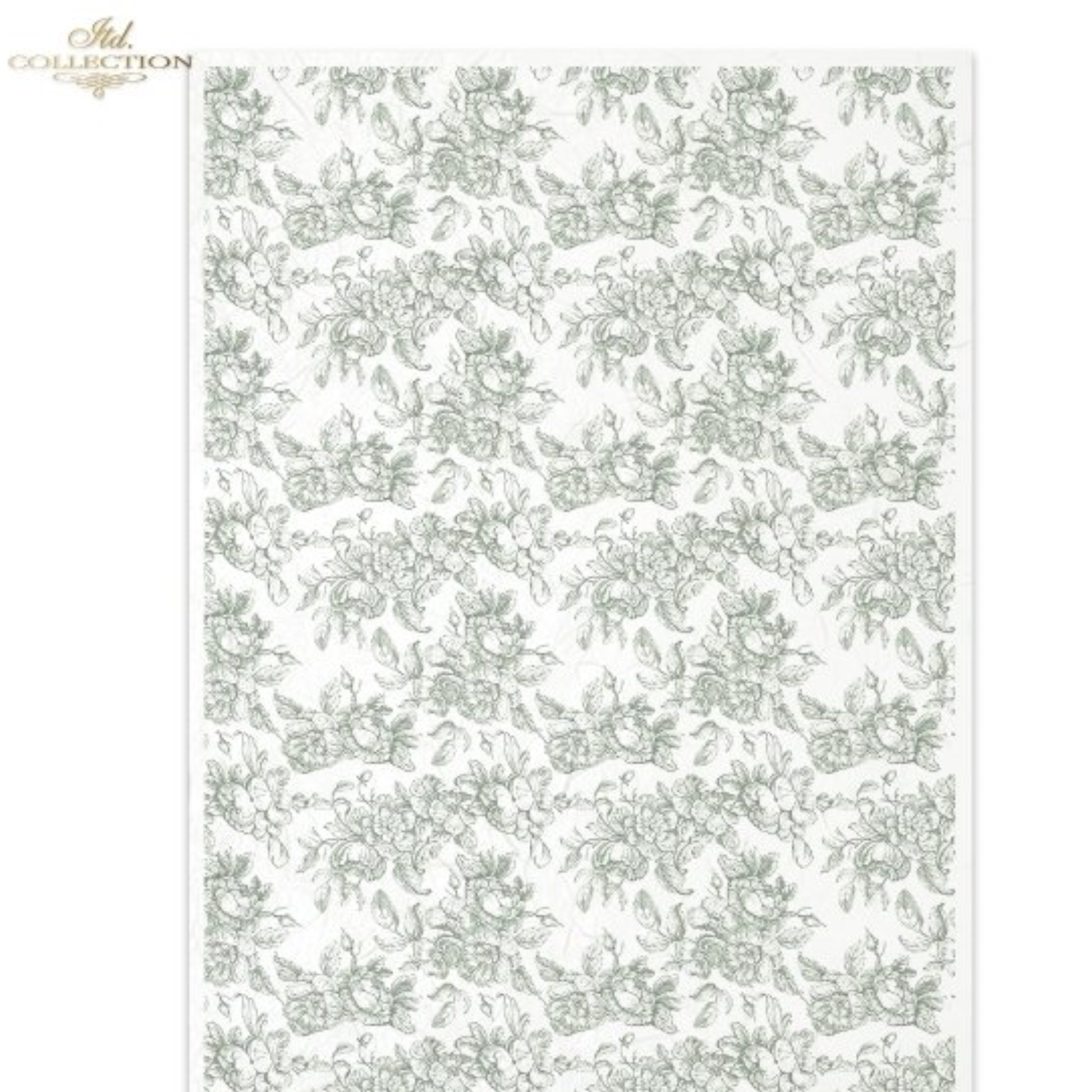 Floral patterned toile style paper in dark green with a white background.