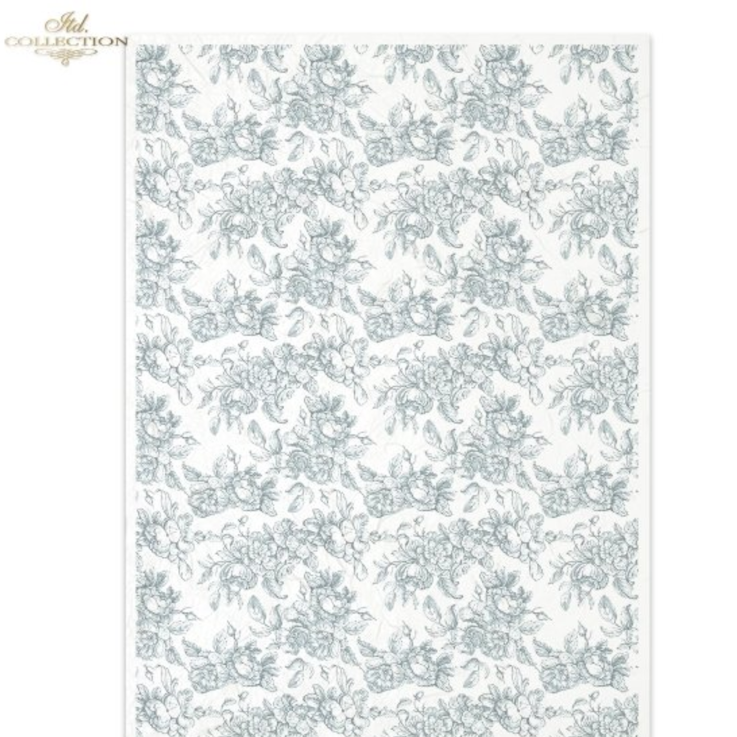 Floral patterned toile style paper in china blue on white background.