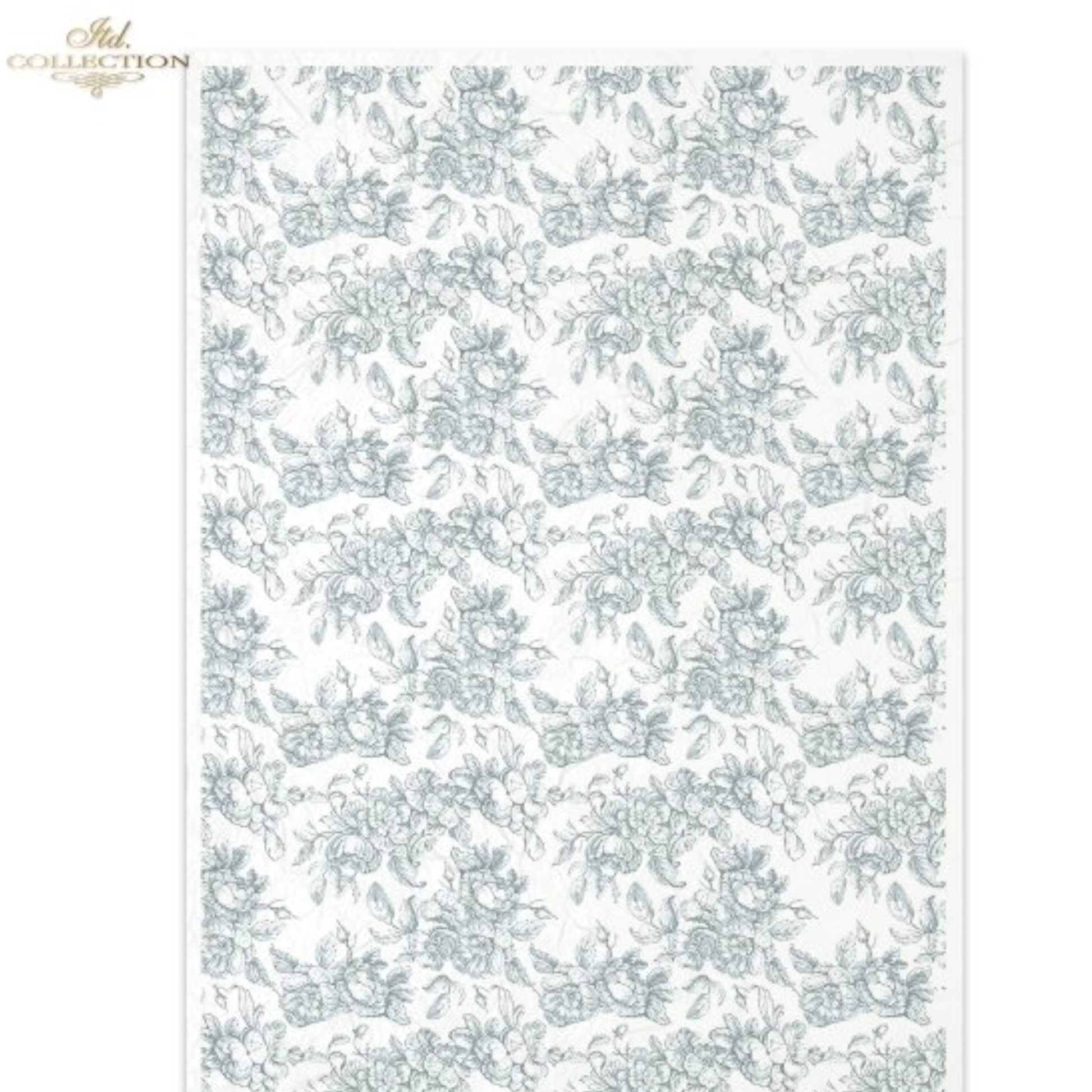 Floral patterned toile style paper in china blue on white background.