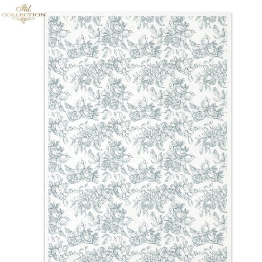 Floral patterned toile style paper in china blue on white background.