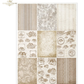 A sheet of vintage-style patterned paper  arranged in a grid, featuring beige, cream, and taupe designs including stripes, florals, cherub motifs, and ornate frames. 