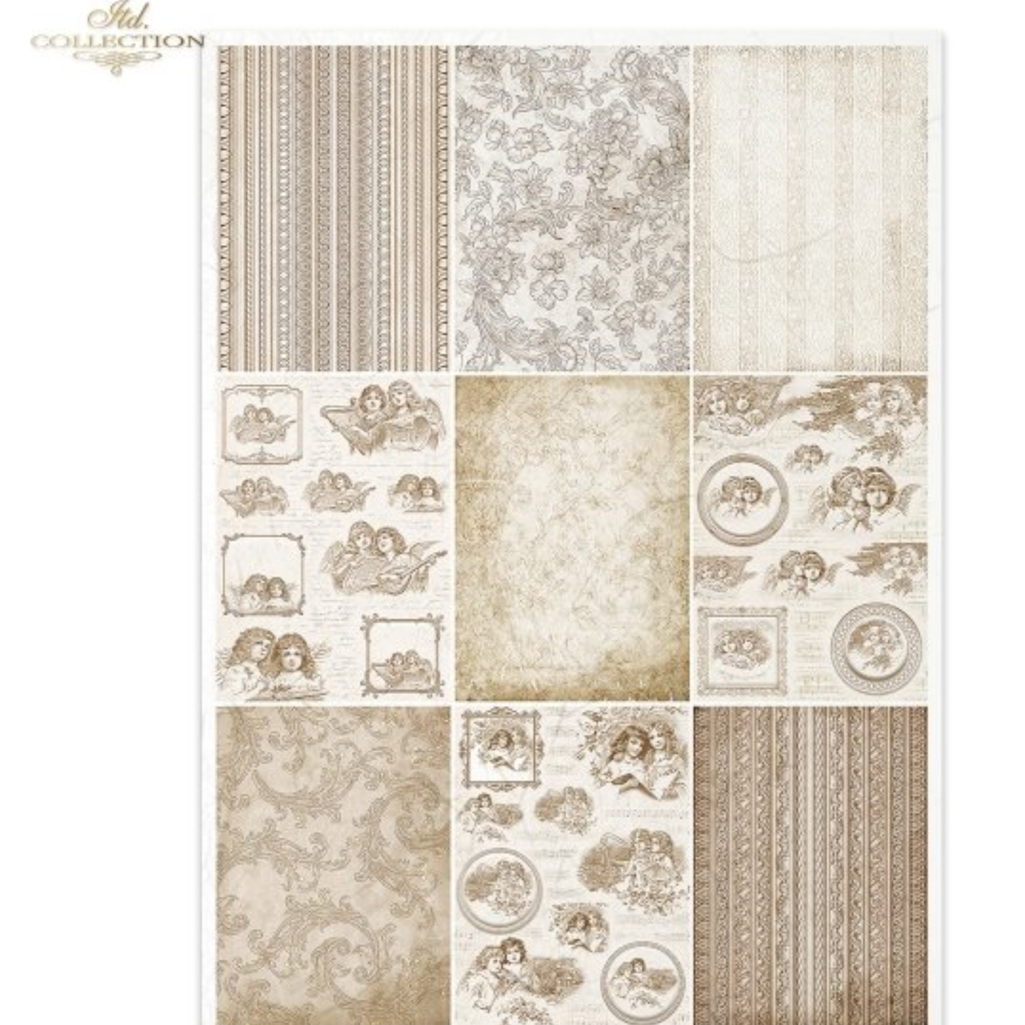 A sheet of vintage-style patterned paper  arranged in a grid, featuring beige, cream, and taupe designs including stripes, florals, cherub motifs, and ornate frames. 