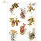 Decorative paper with autumn-themed elements including leaves, berries, and nuts on a white background.