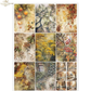 Decorative paper featuring a collage of autumn-themed watercolor illustrations, including leaves, berries, flowers, and tree-lined paths.