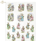 illustrated vintage style Easter bunnies in various poses on a white background.