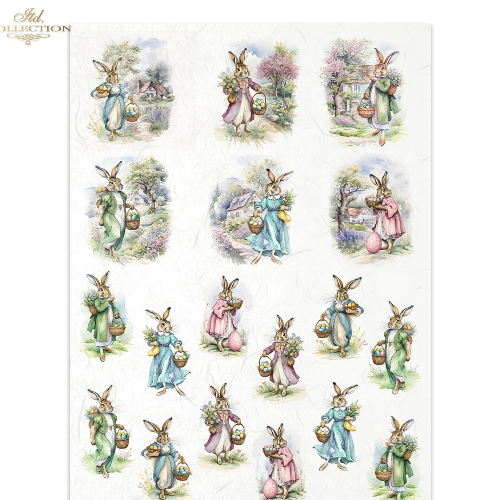 illustrated vintage style Easter bunnies in various poses on a white background.
