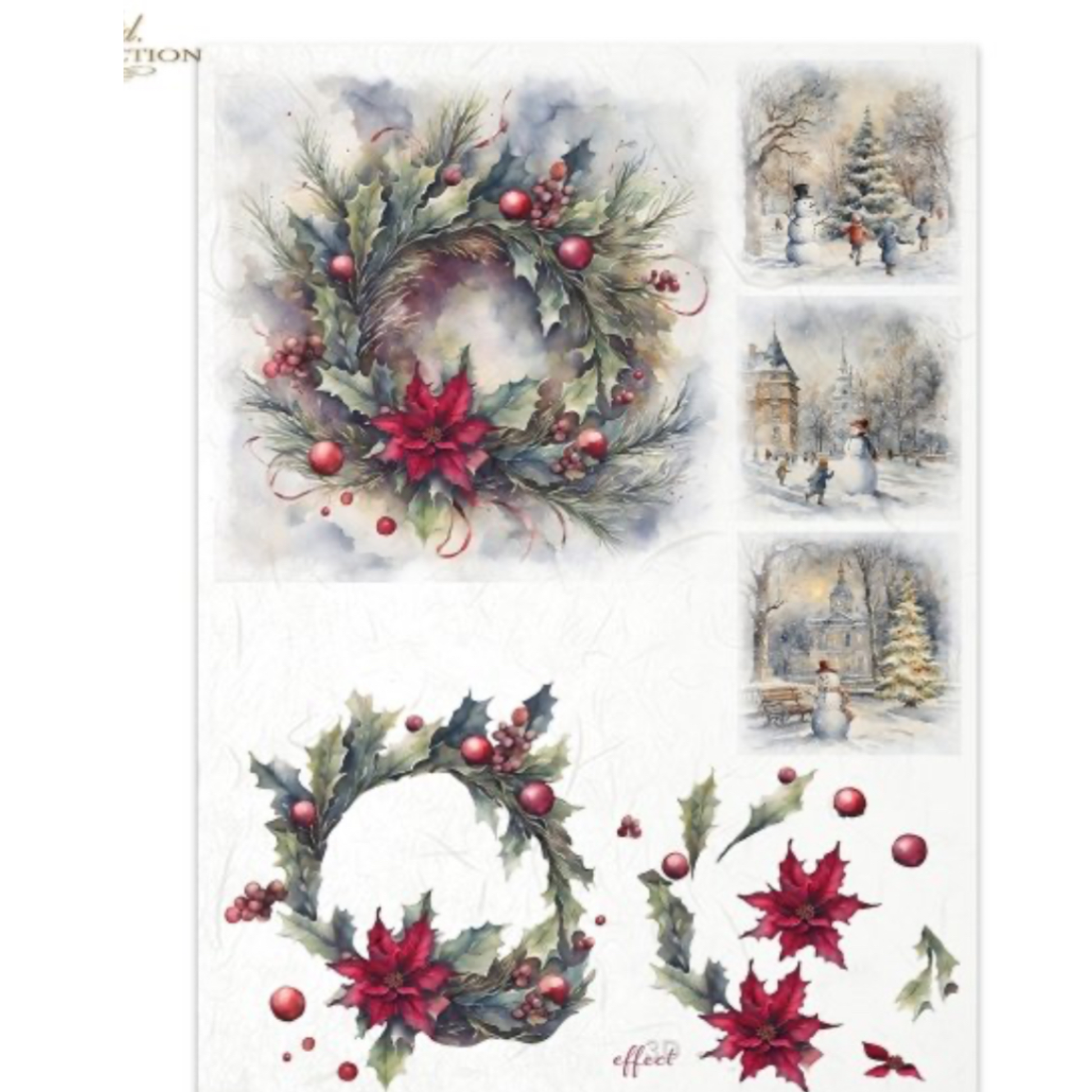Christmas-themed multi-image paper with wreaths, poinsettias, and winter scenes on a white background.