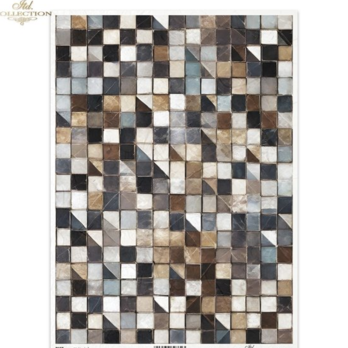 Mosaic patterned image with various shades of brown, gray and beige on a white background.