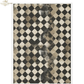 Harlequin patterened image with black, beige, and white diamond shapes.