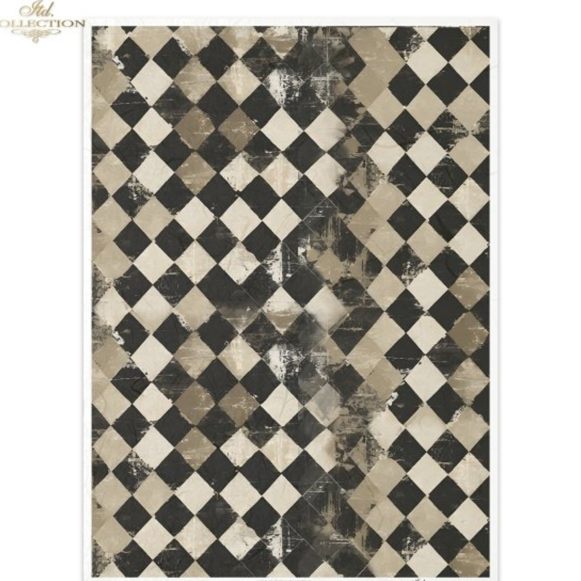 Harlequin patterened image with black, beige, and white diamond shapes.