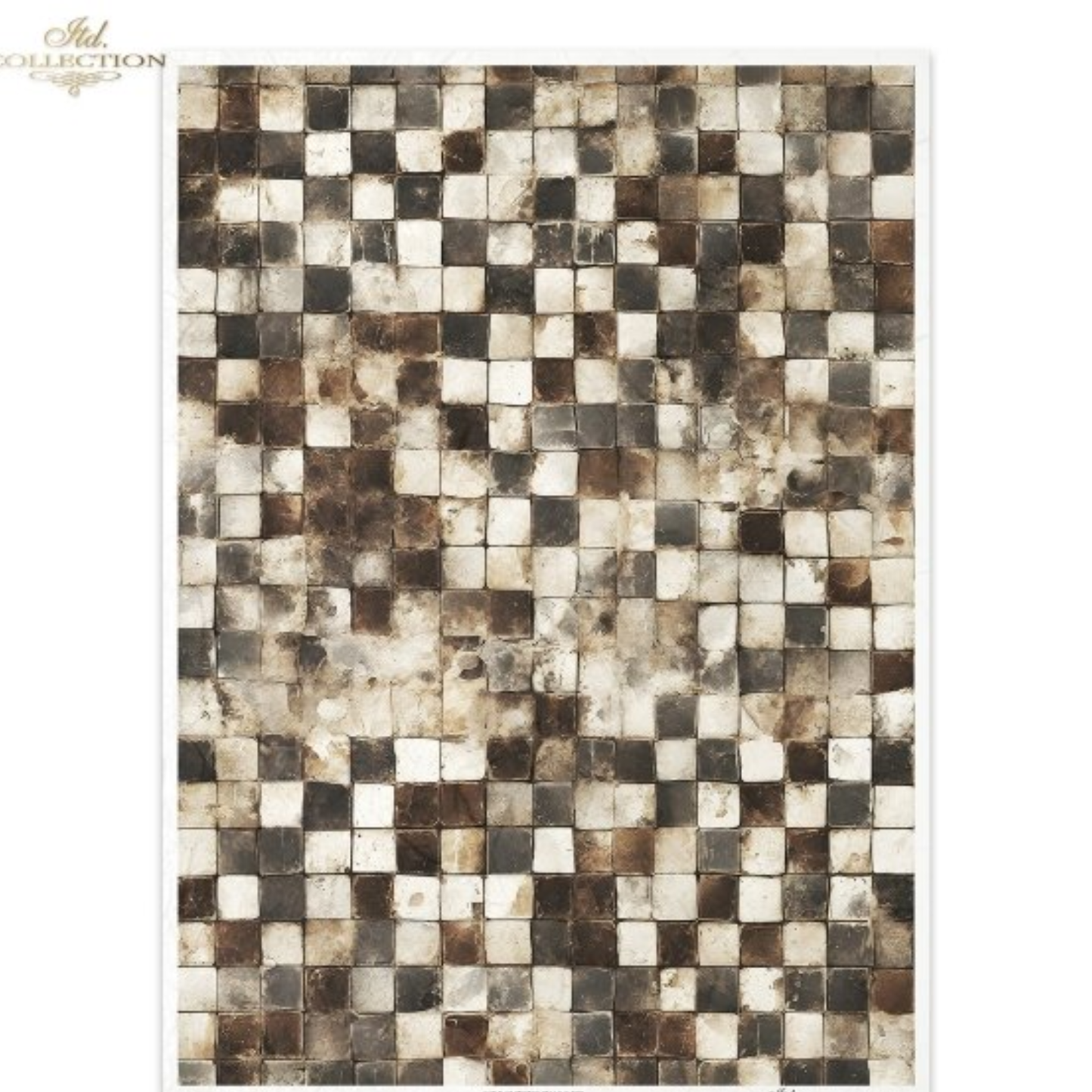 Checkered patterned paper with black, brown and beige squares on a white background.