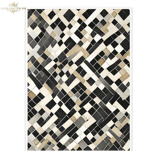 Mosaic patterned tile with black, white, and beige colors on a white background.