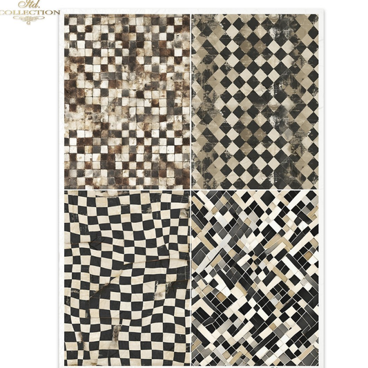 Collection of patterned tiles with geometric designs on a white background.