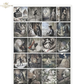 Vintage style fairy tale illustrations featuring 24 black and white scenes with a single red accent in each panel, arranged in a grid. 