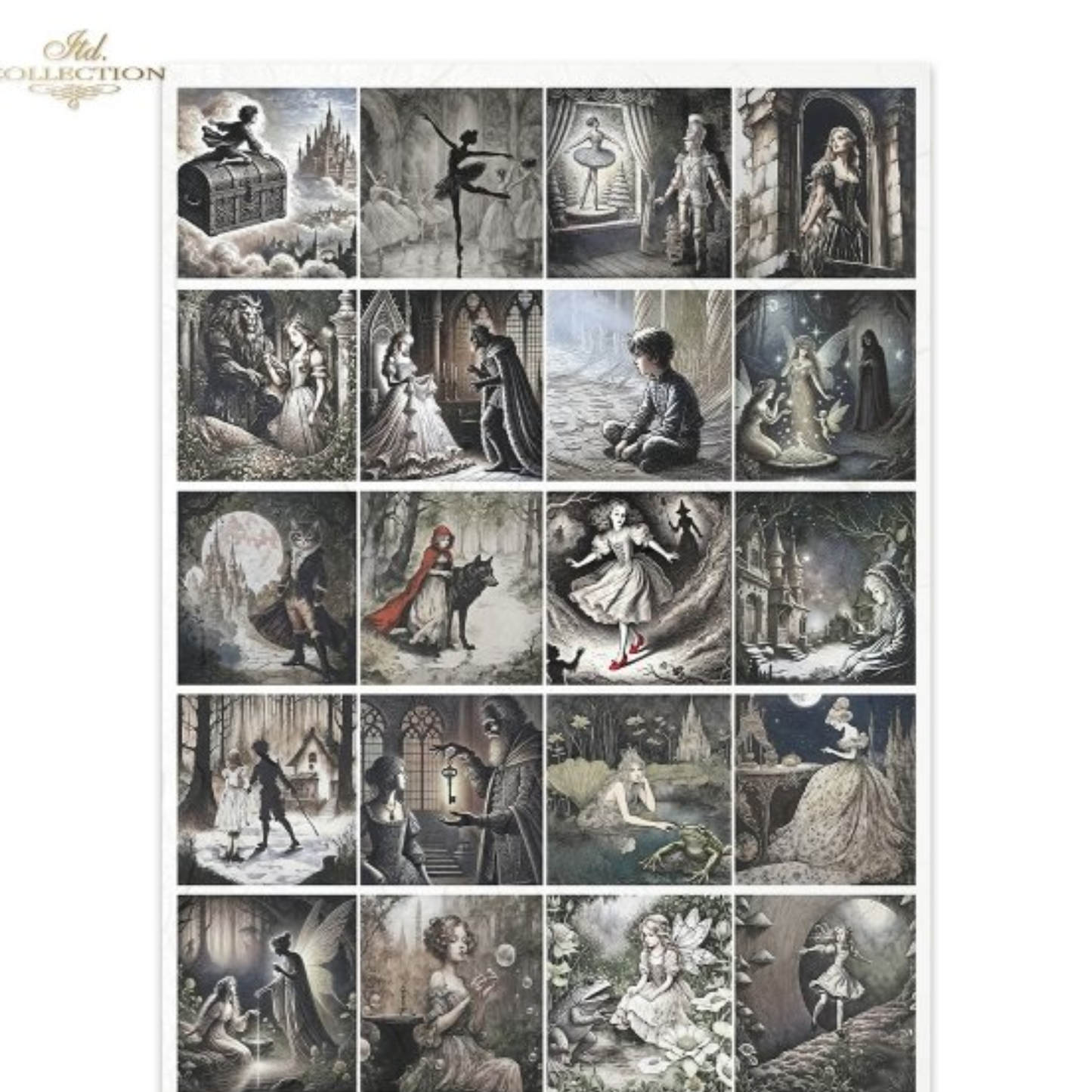 Vintage style fairy tale illustrations featuring 24 black and white scenes with a single red accent in each panel, arranged in a grid. 