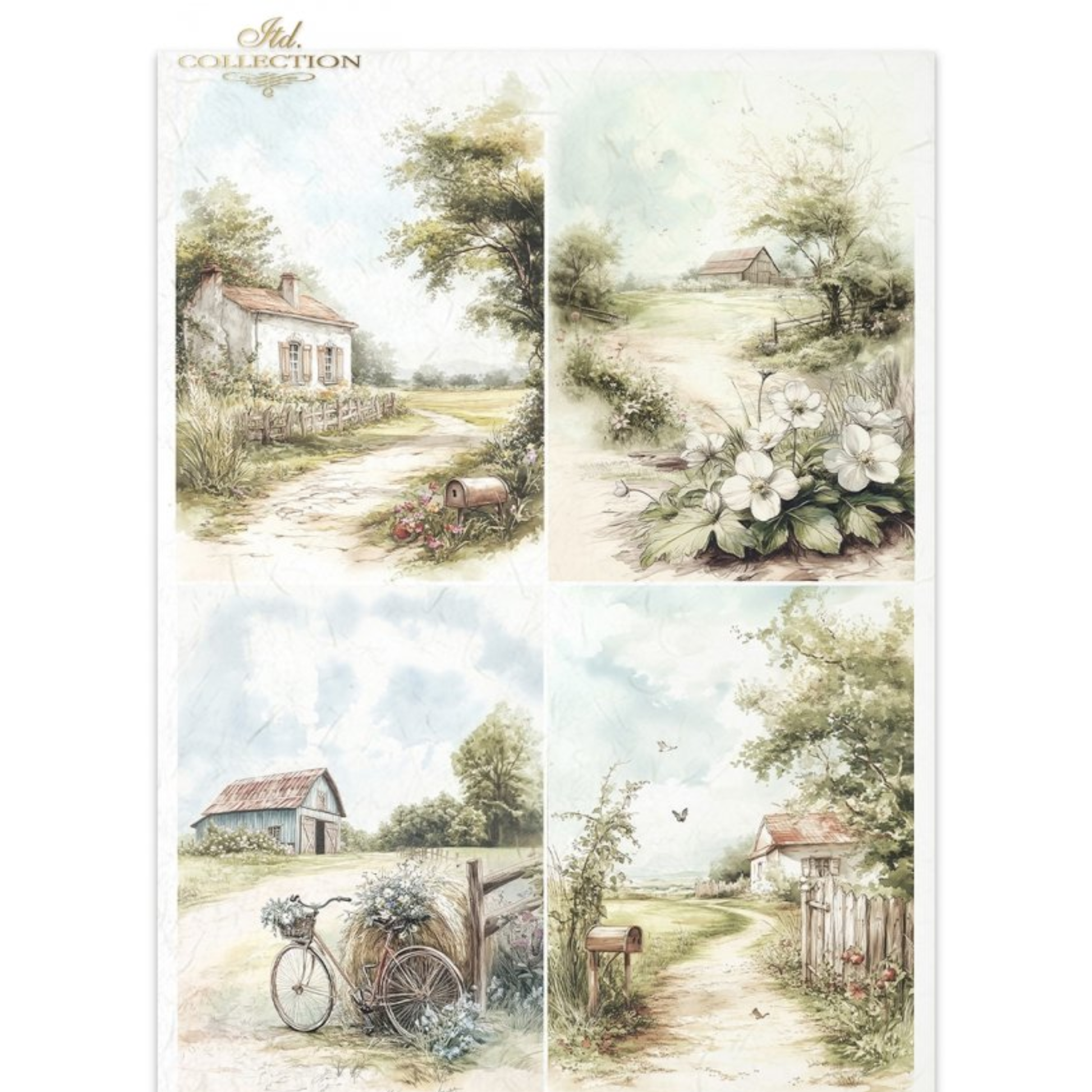 Set of four scenic illustrations featuring cottages, flowers, a bicycle, and a path.