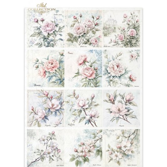 Sheet of twelve floral squares with pink and white flowers on a white background.