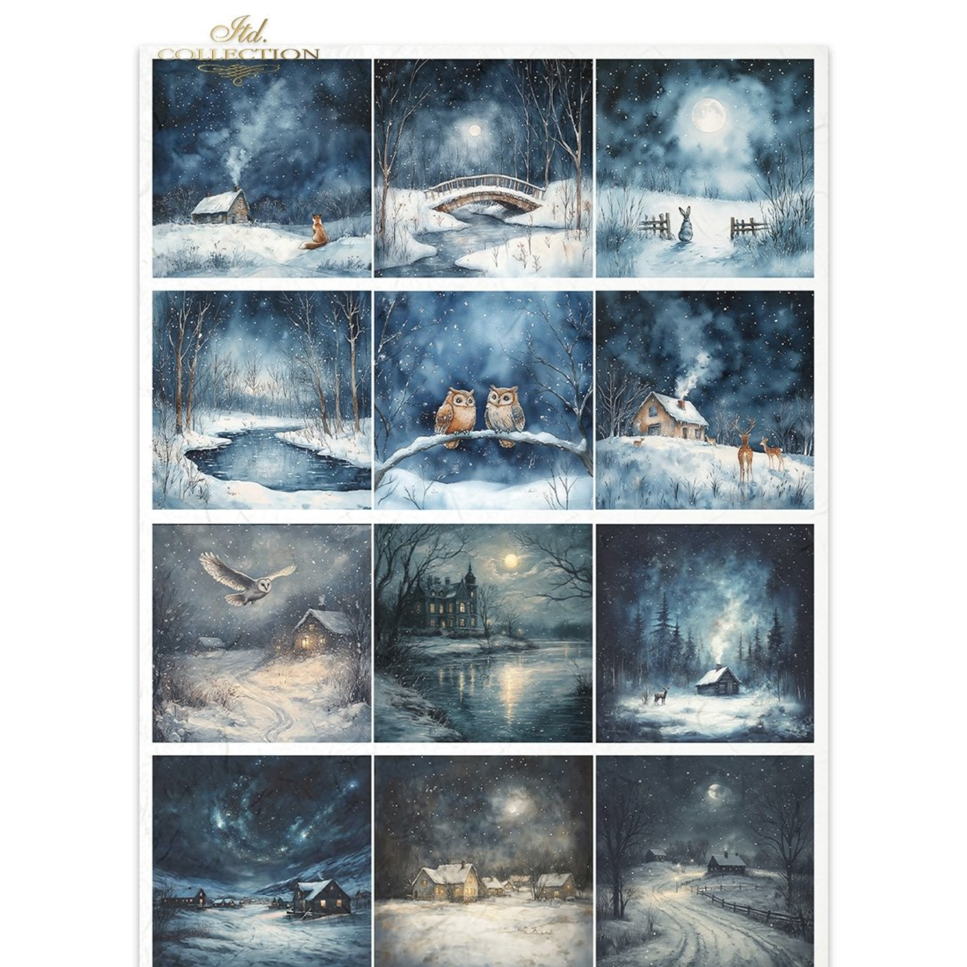 Collection of winter scenes with snowy landscapes and moonlit nights.